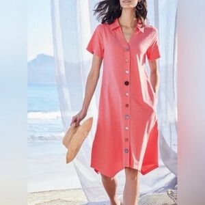 🌺 NWT Soft Surroundings Sunset Coral Button-Front Midi Dress Medium Petite
